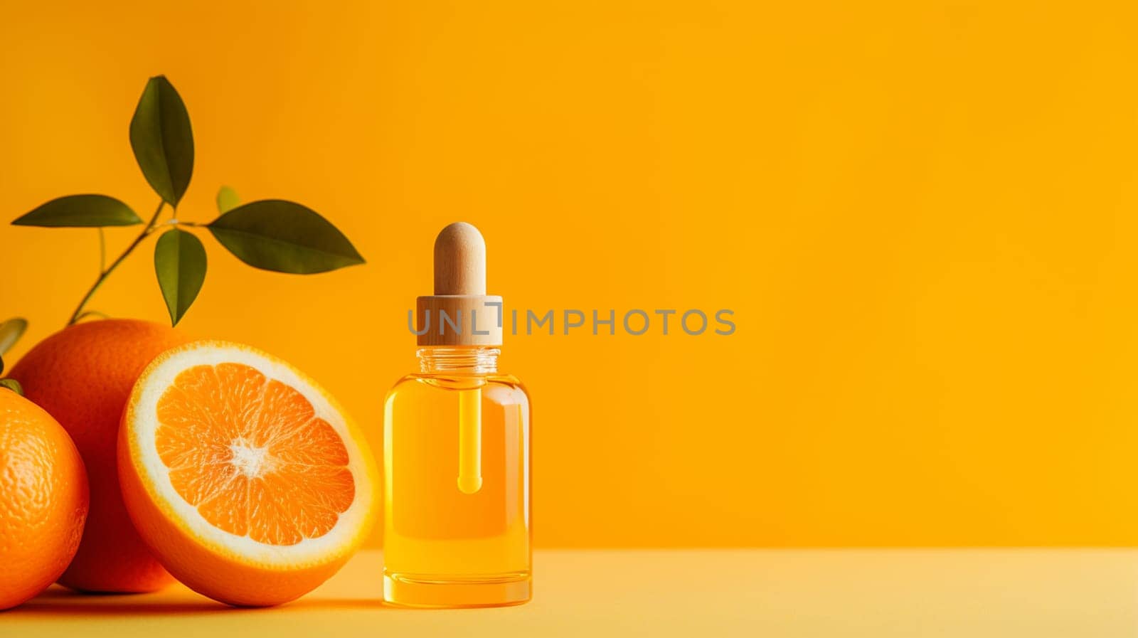 orange essential oil on a yellow background. Selective focus. nature. Generative AI,