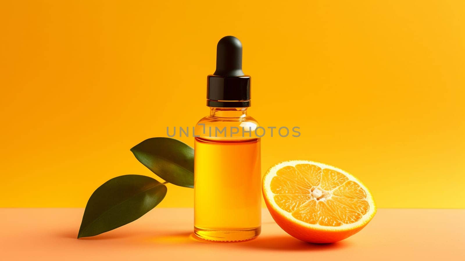 orange essential oil on a yellow background. Selective focus. nature. Generative AI,