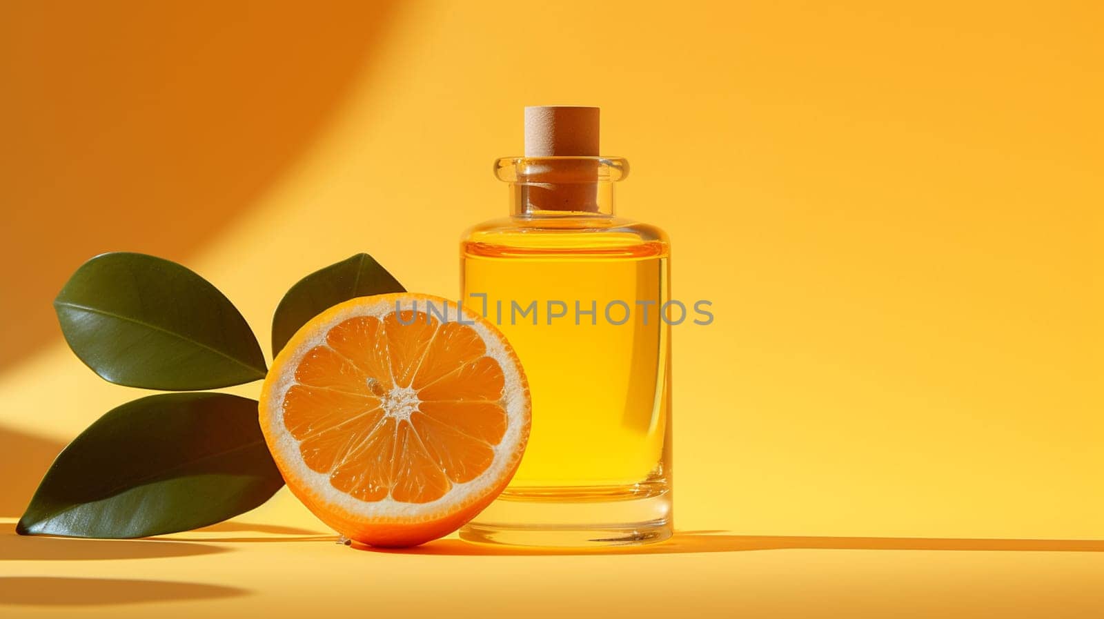 orange essential oil on a yellow background. Selective focus. Generative AI, by mila1784