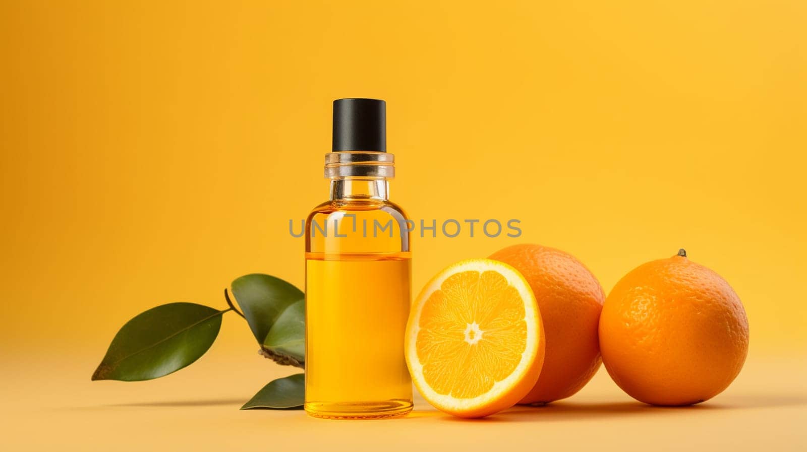 orange essential oil on a yellow background. Selective focus. Generative AI, by mila1784