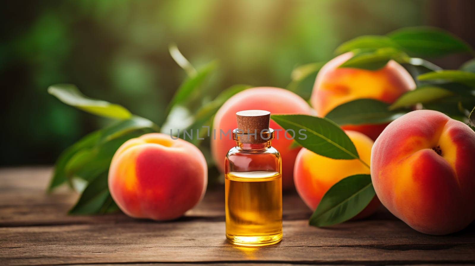 Peach seed oil in a bottle. Selective focus. Generative AI, by mila1784