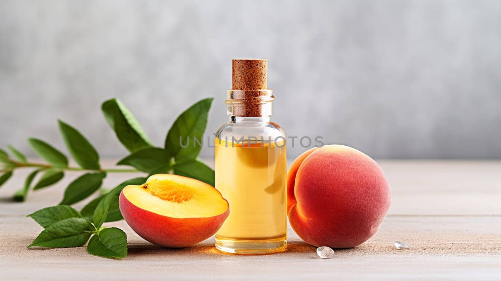 Peach seed oil in a bottle. Selective focus. food Generative AI,