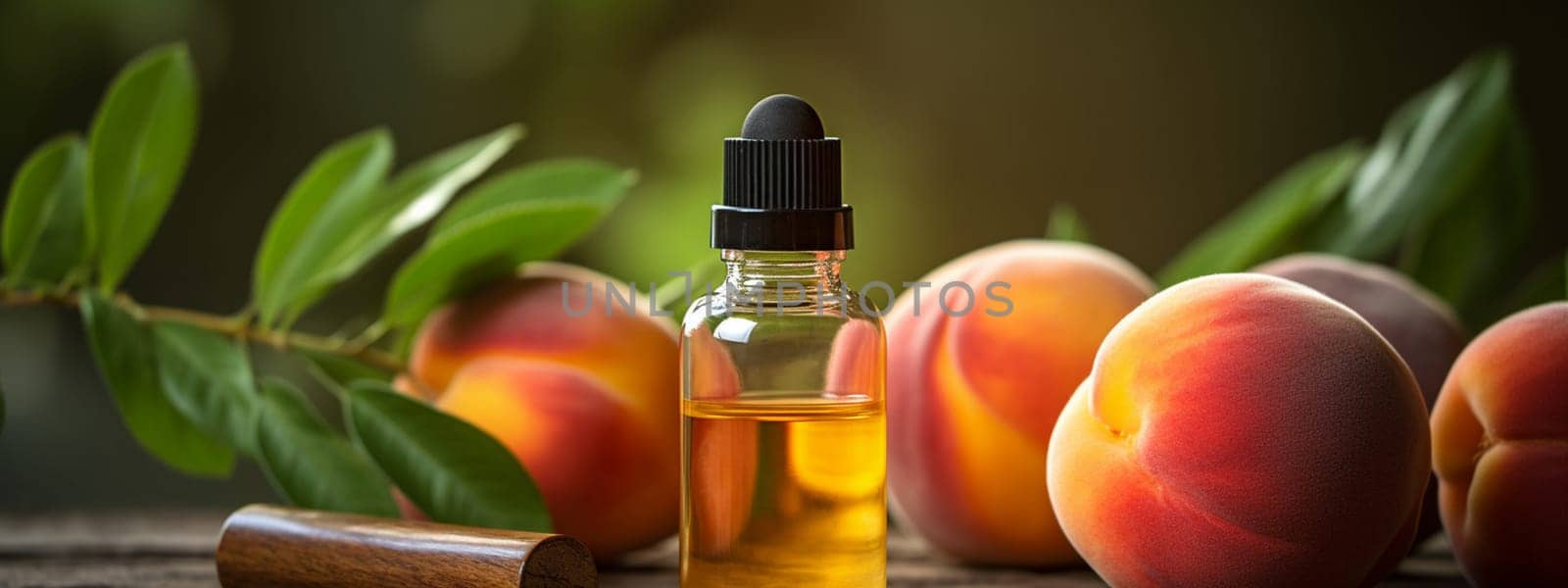Peach seed oil in a bottle. Selective focus. Generative AI, by mila1784