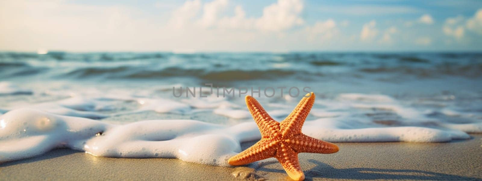 Starfish on the beach in the sea. selective focus. Generative AI, by mila1784