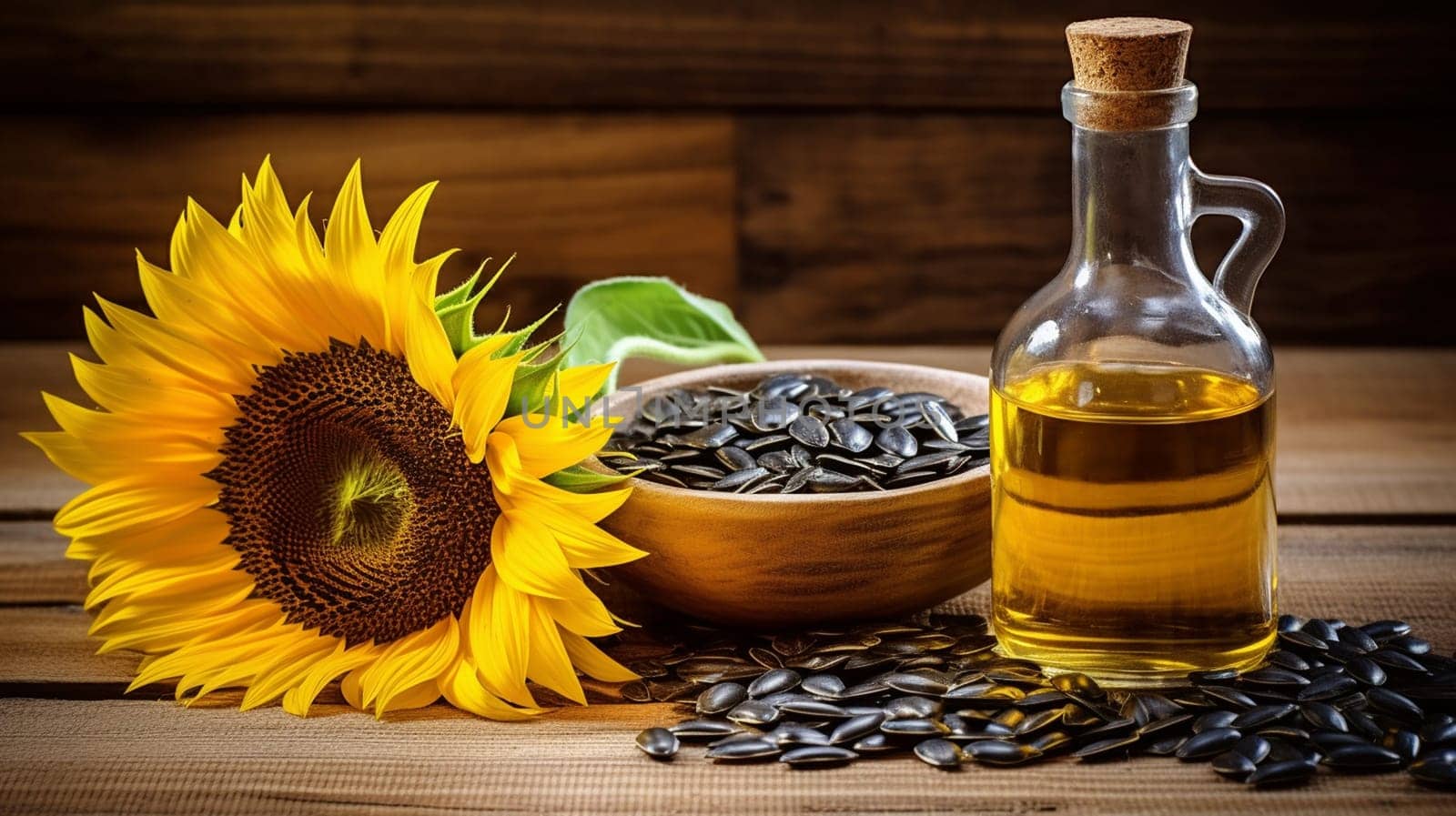 Sunflower seeds and oil bottle on old wooden background. Selective focus. Generative AI, by mila1784