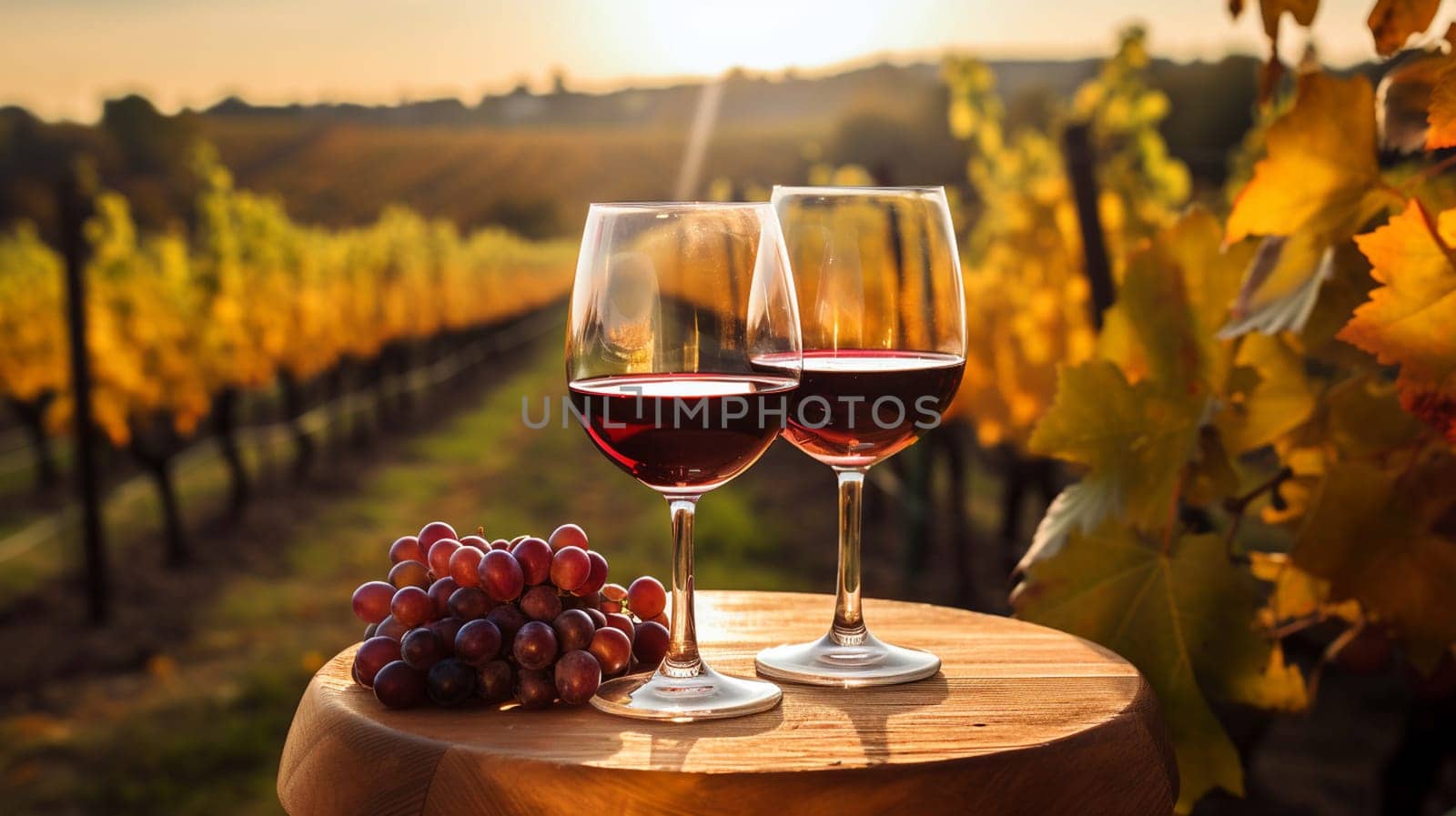 glass of wine on a wooden barrel. selective focus. food Generative AI,