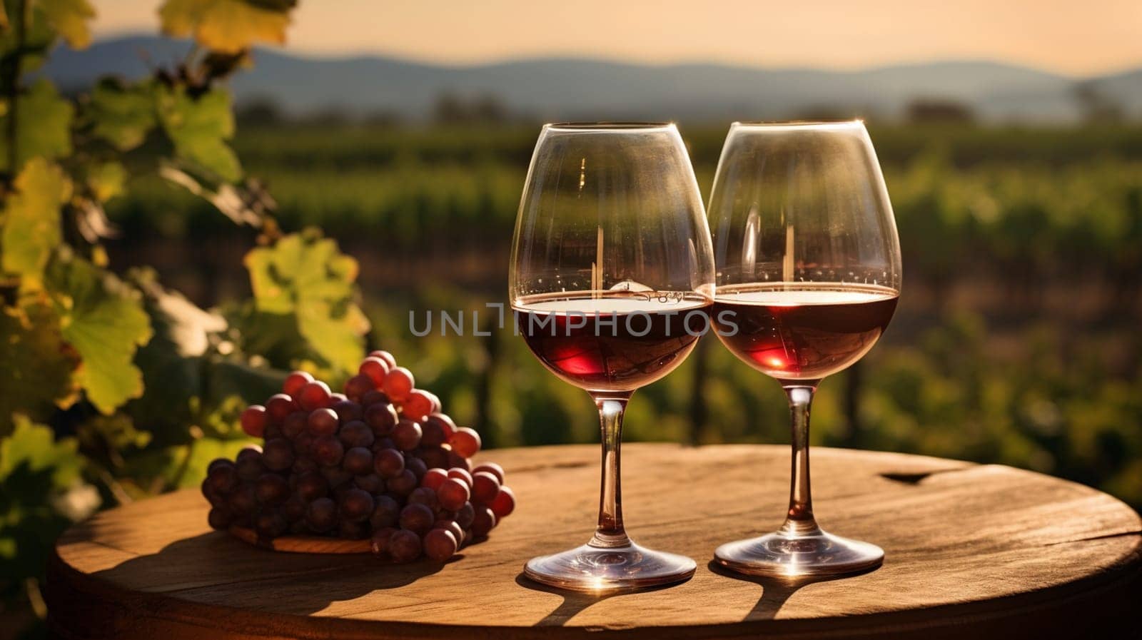 glass of wine on a wooden barrel. selective focus. food Generative AI,