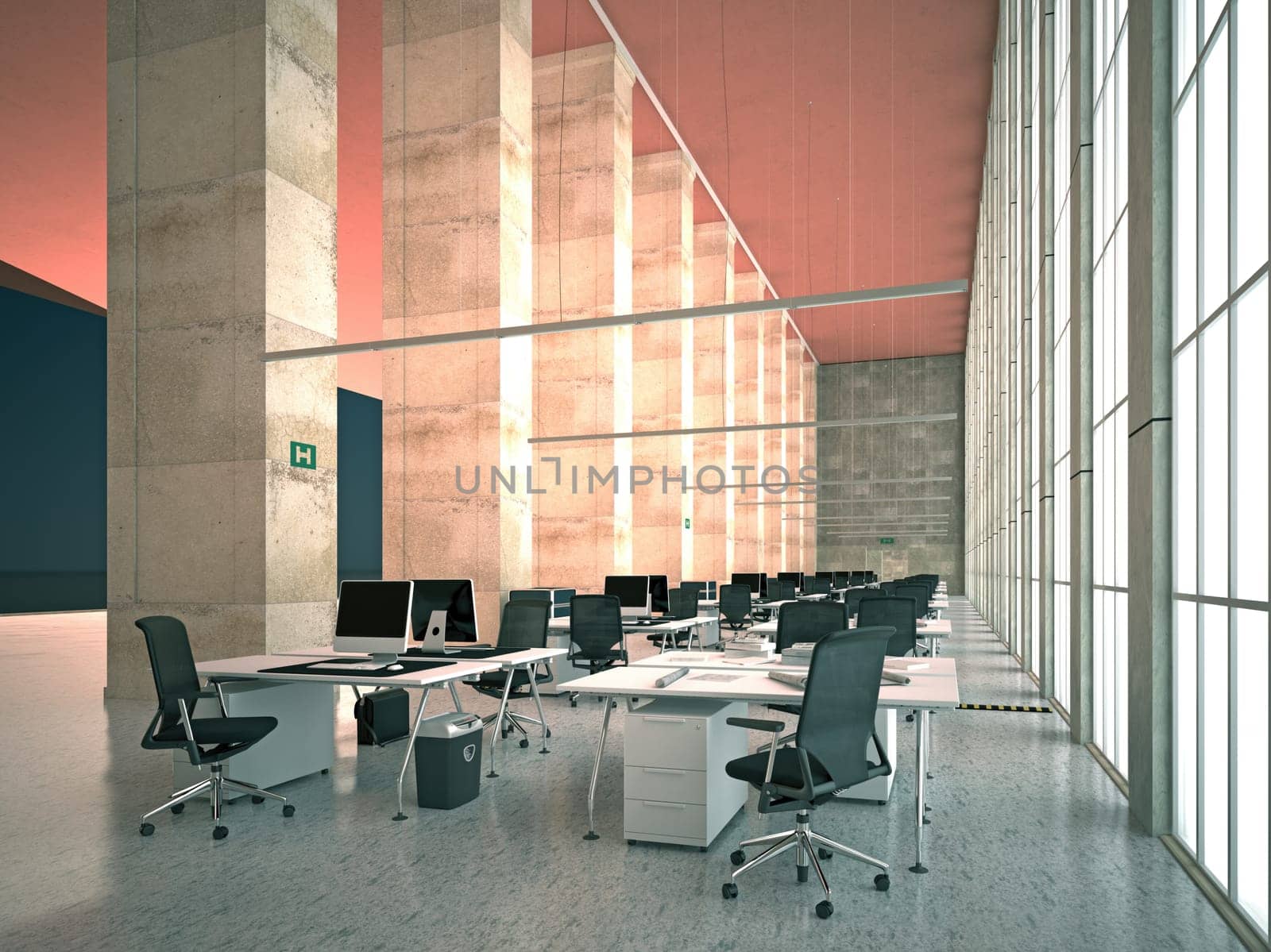 Interior of modern office hall with concrete floor, panoramic window and daylight. 3D Rendering