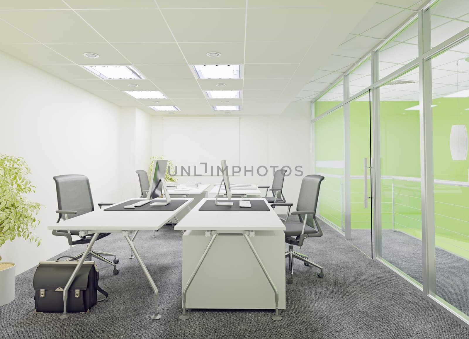 Interior of a modern office with green walls, . 3d rendering mock up