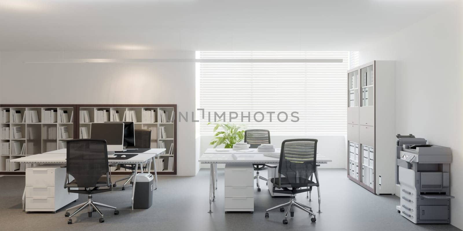 Modern luxury office interior with white walls, wooden floor, rows of computer tables and chairs. 3d rendering mock up