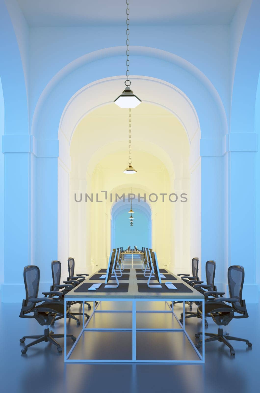 Interior of office with blue walls and arch. 3D rendering.