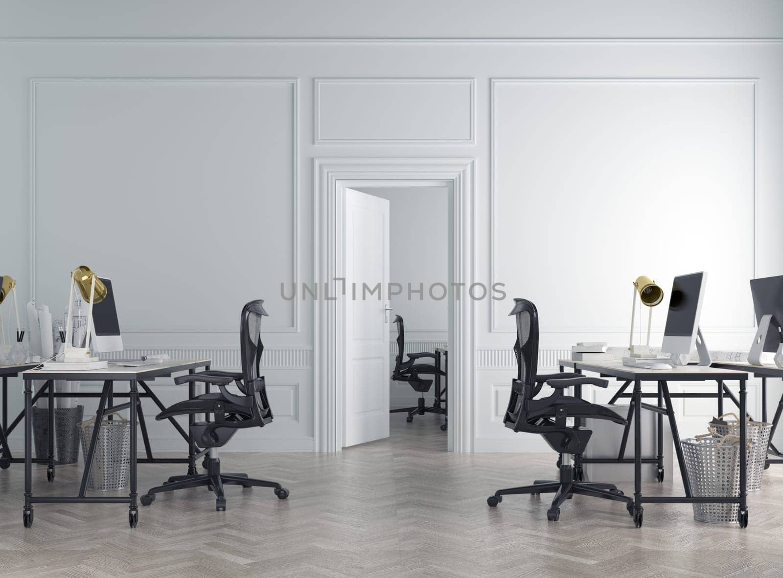 Modern luxury office interior with white walls, wooden floor, rows of computer tables and chairs. 3d rendering mock up