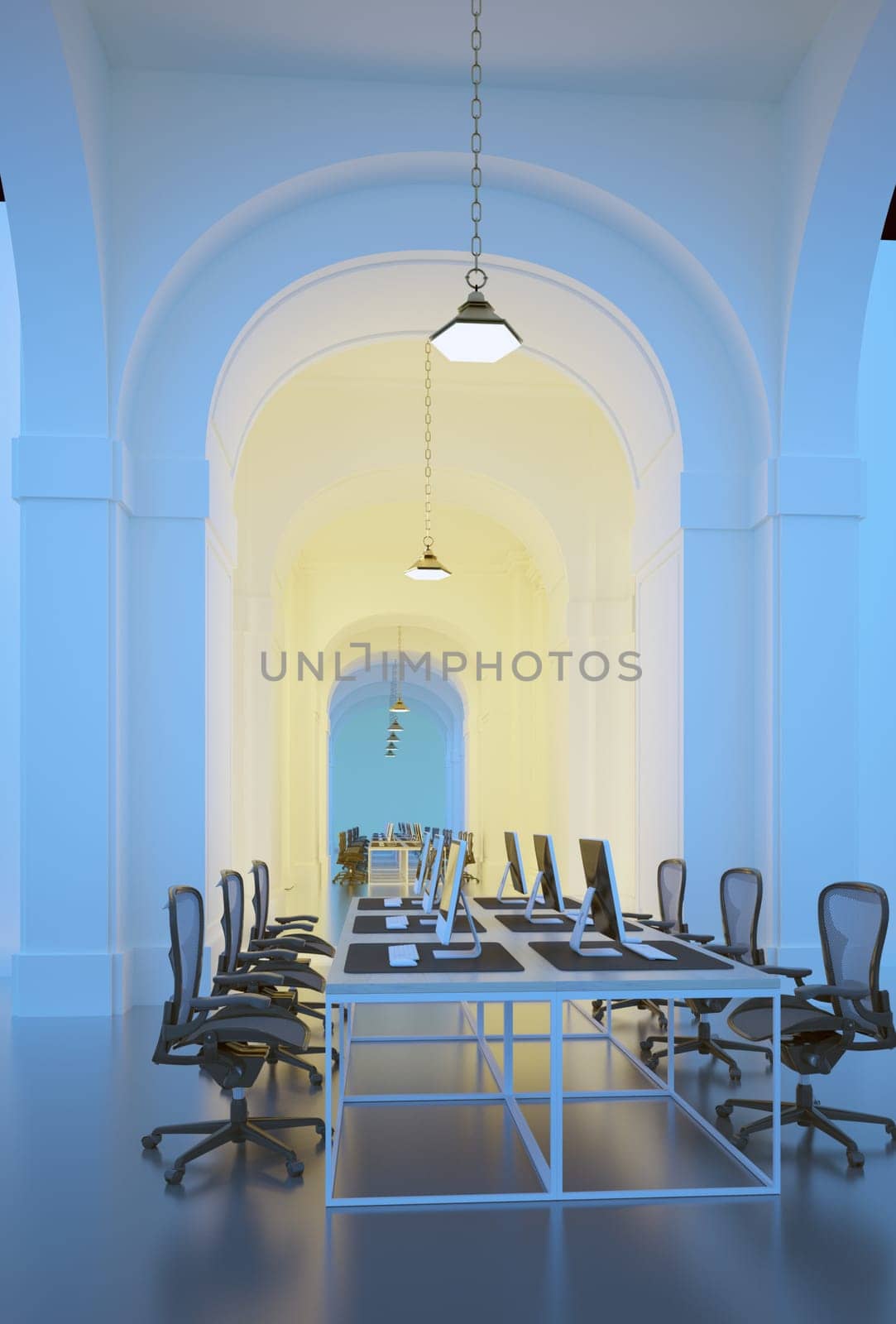 Interior of office with blue walls and arch. 3D rendering.