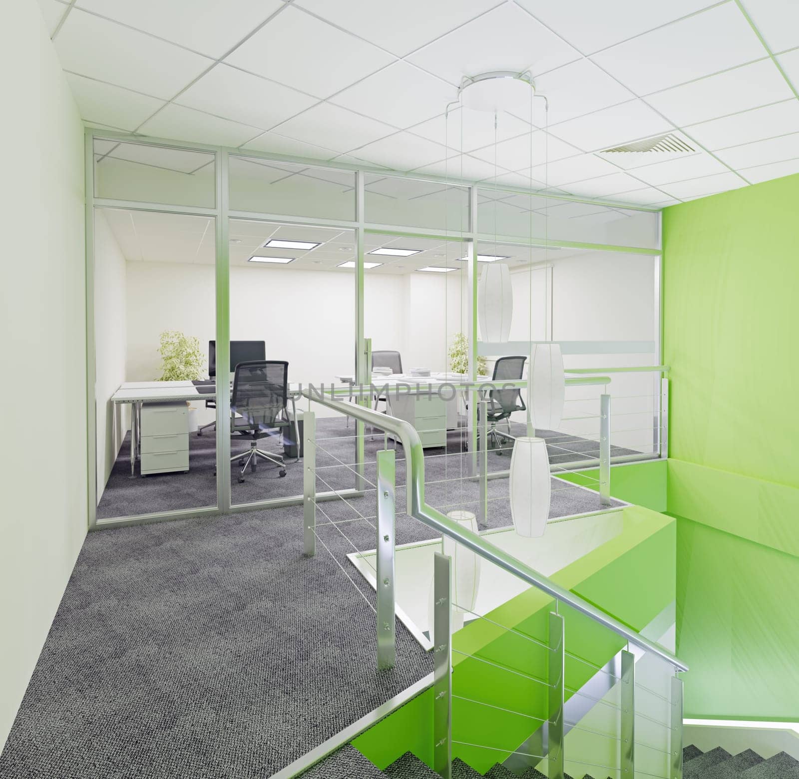 Interior of a modern office with green walls, . 3d rendering mock up