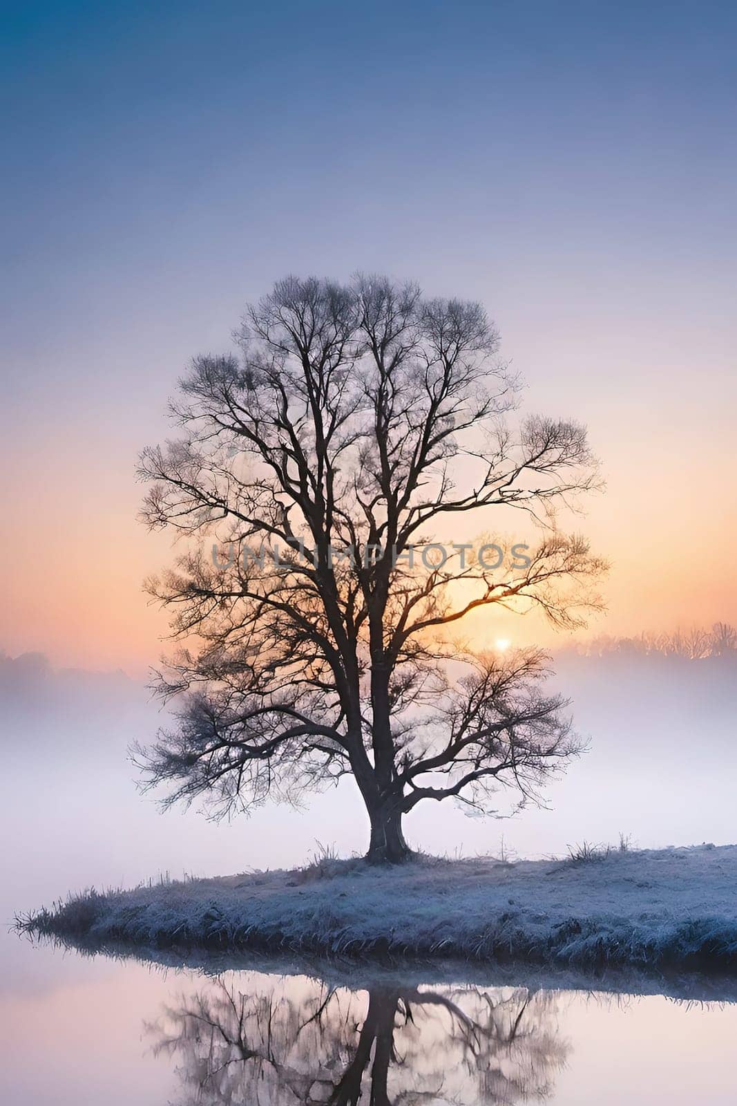 Silhouette of a tree at sunset in a beautiful landscape.Silhouette of a tree on the shore of the lake at sunset.Lonely tree on the beach at sunset. Nature composition.