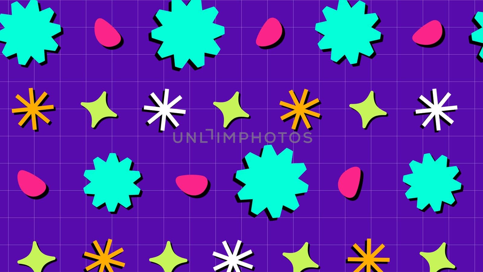 Seamless background with colorful flowers. Purple background with geometric items. High quality