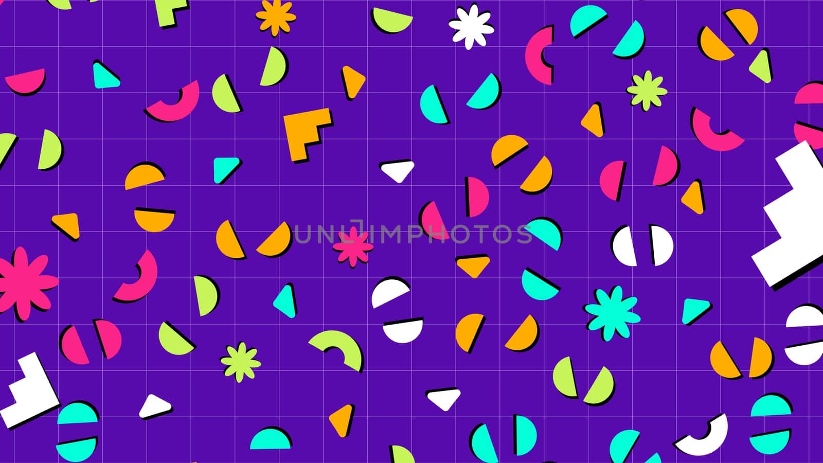 Seamless background with colorful flowers. Purple background with geometric items. High quality