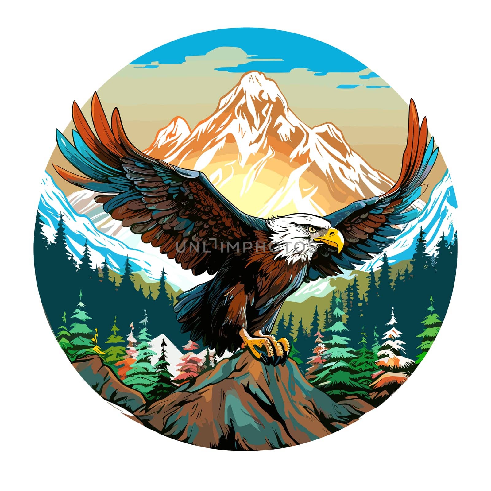 American eagle in vector art style. Template for t-shirt print, sticker, poster, etc. Design element