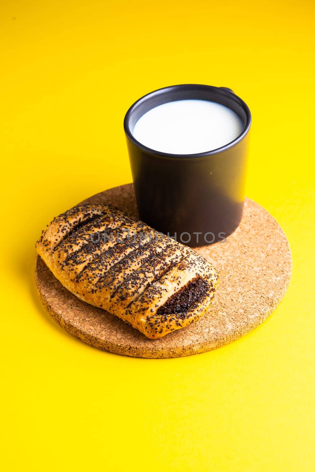 Wheat bread breakfast and milk in morning, croissant, plate by Zelenin