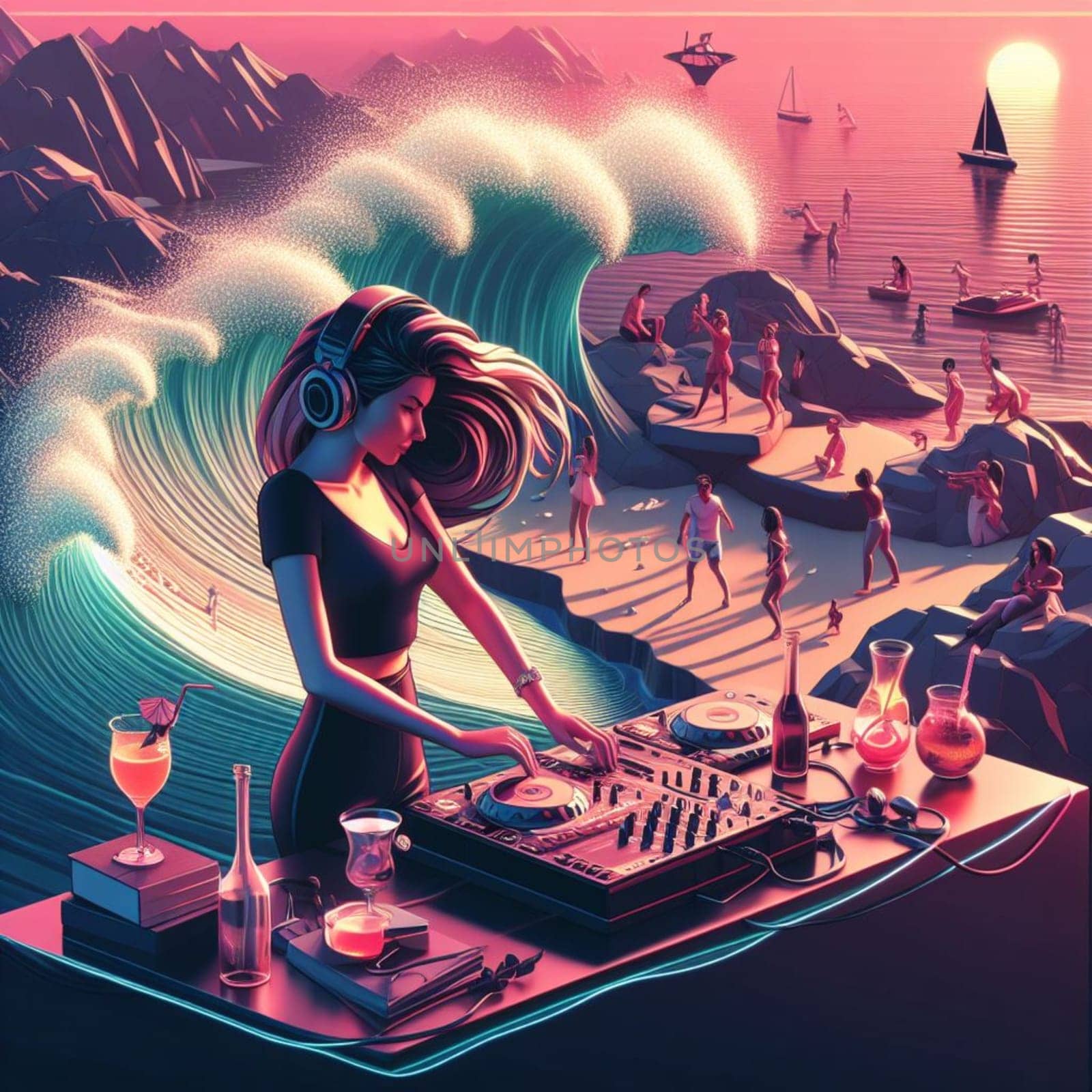 woman dj , wearing glasses earphone hosting dj set at crowded beach party in tropical island sunset ai generative art