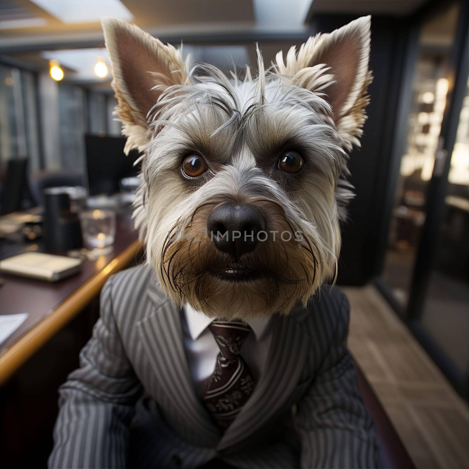 Beautiful elegant dog in business suit with tie in office by kuprevich