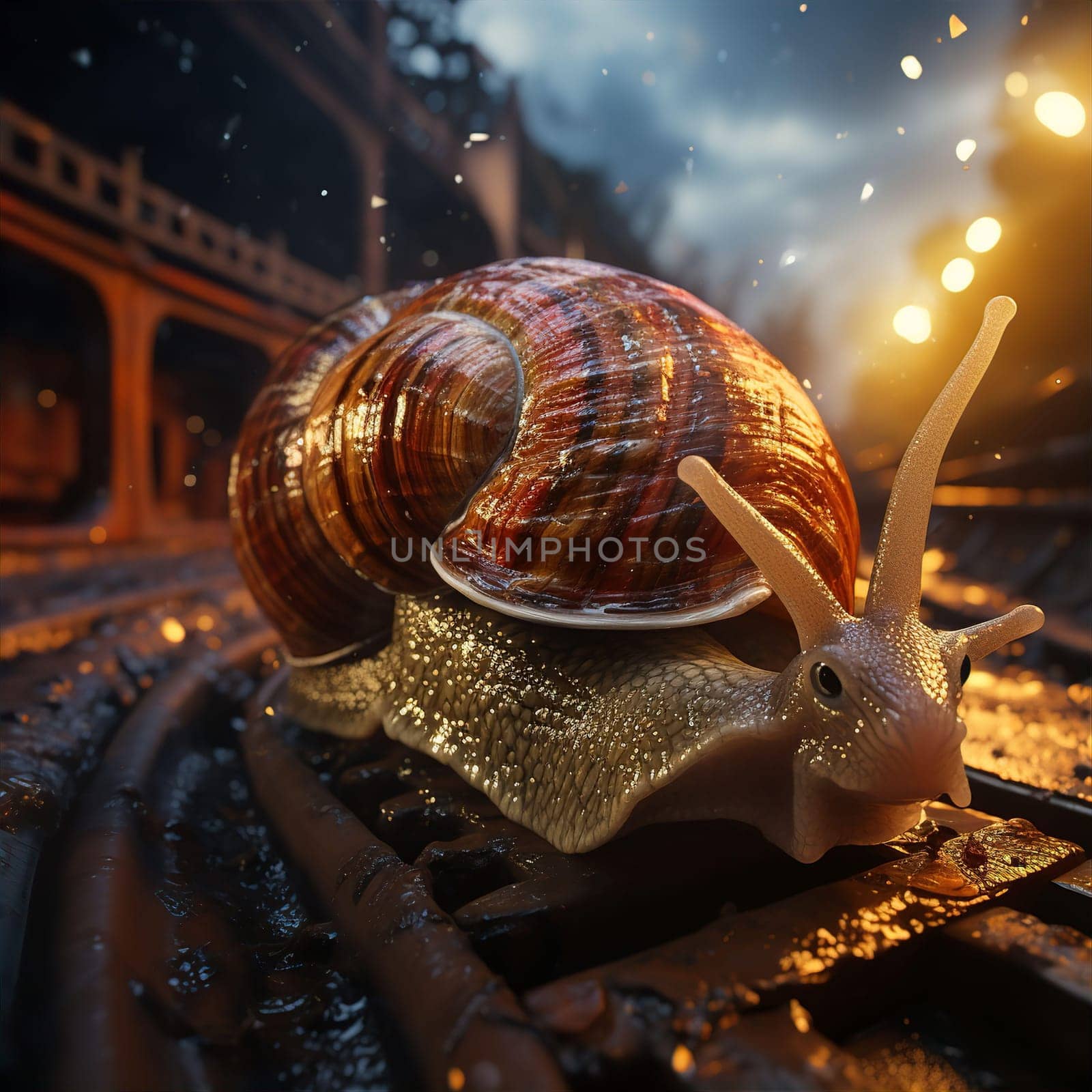 Mutant snail in shape of train with many horns slowly crawling along rails. Unusual nature and genetic mutations concept. AI generated