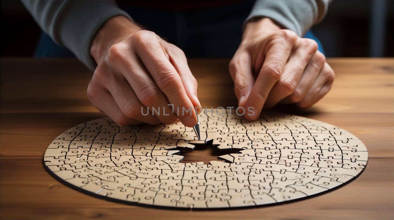 Hands folding puzzle at table and putting last piece closeup by kuprevich