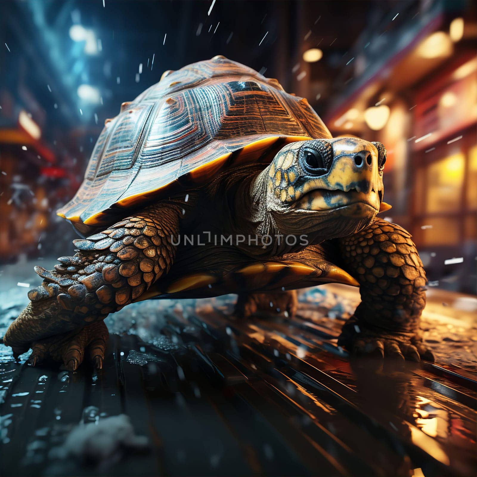 Turtle in iron armor in burning city by kuprevich