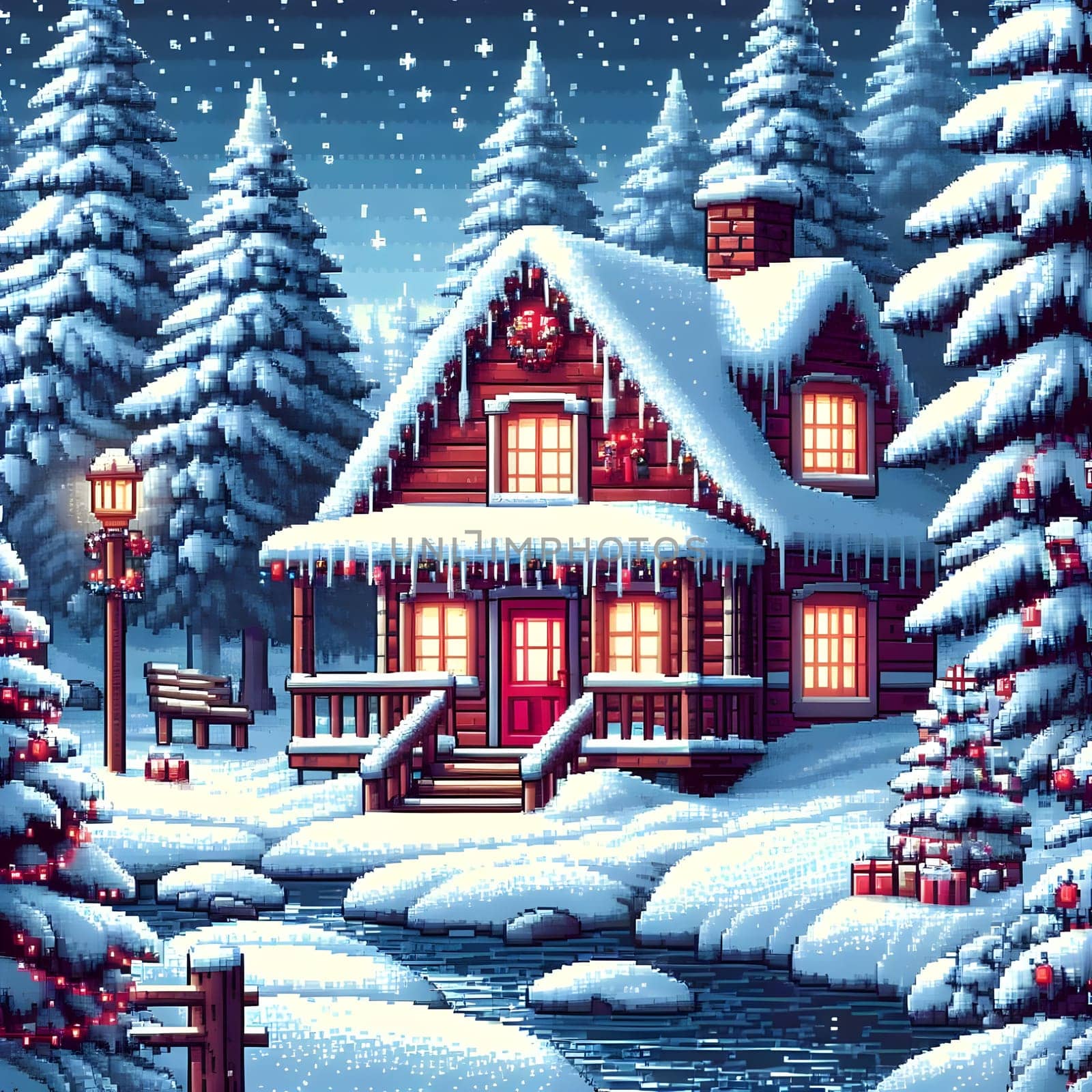 Wooden rural house in the winter forest for christmas,32 bit pixel art by andre_dechapelle