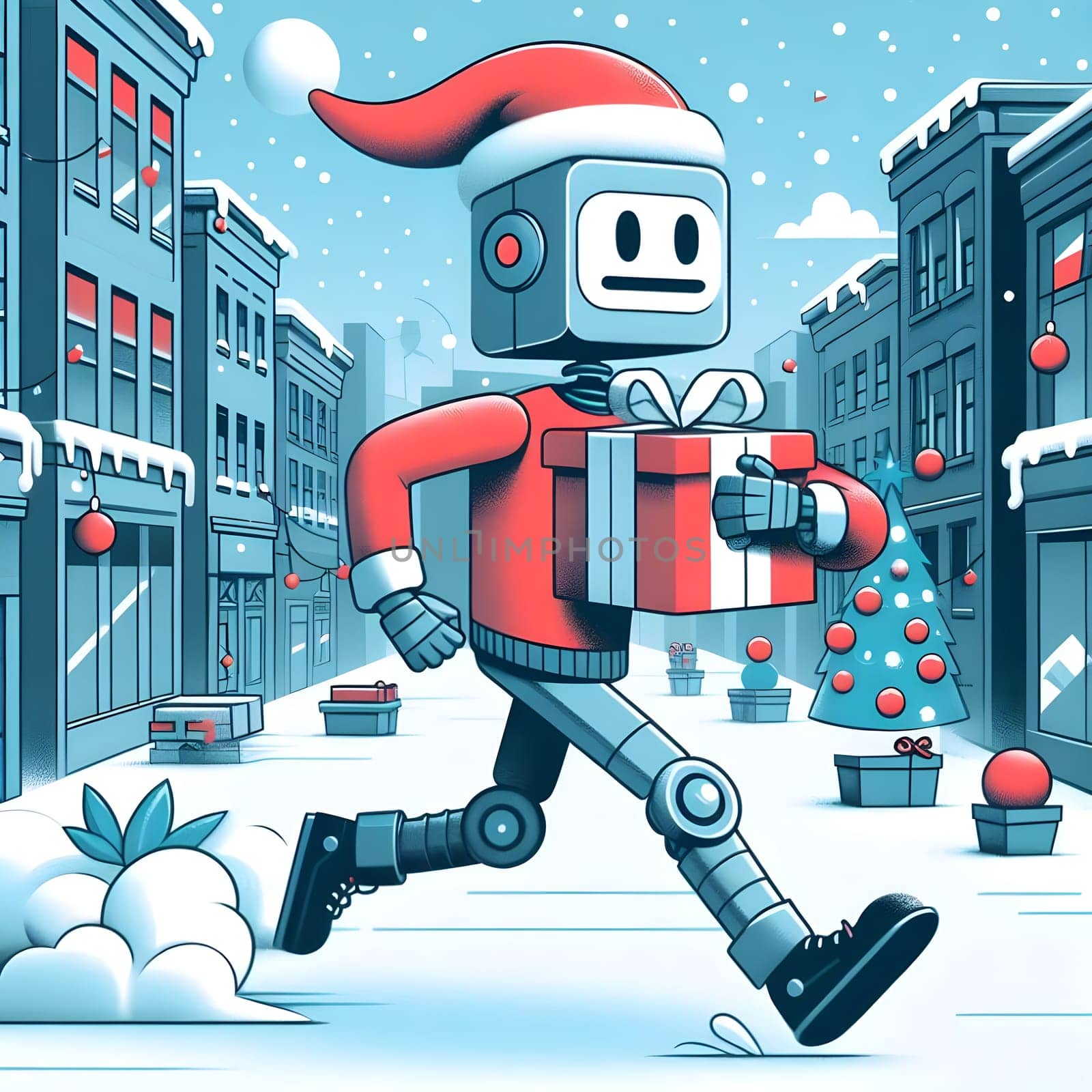 Santa claus robot android running with chrismas gift box in the street by andre_dechapelle