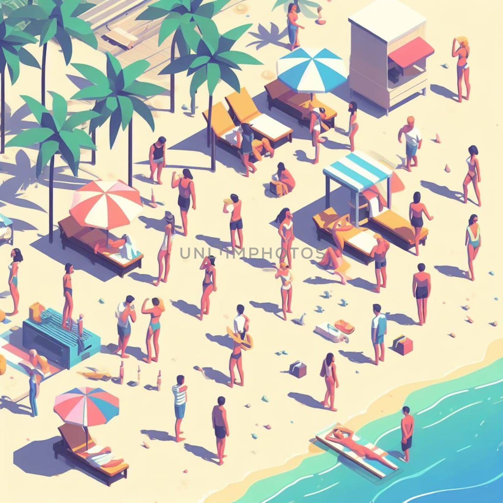 people having fun in the beach, isometric view, sea waves, 3d illustration generative ai art