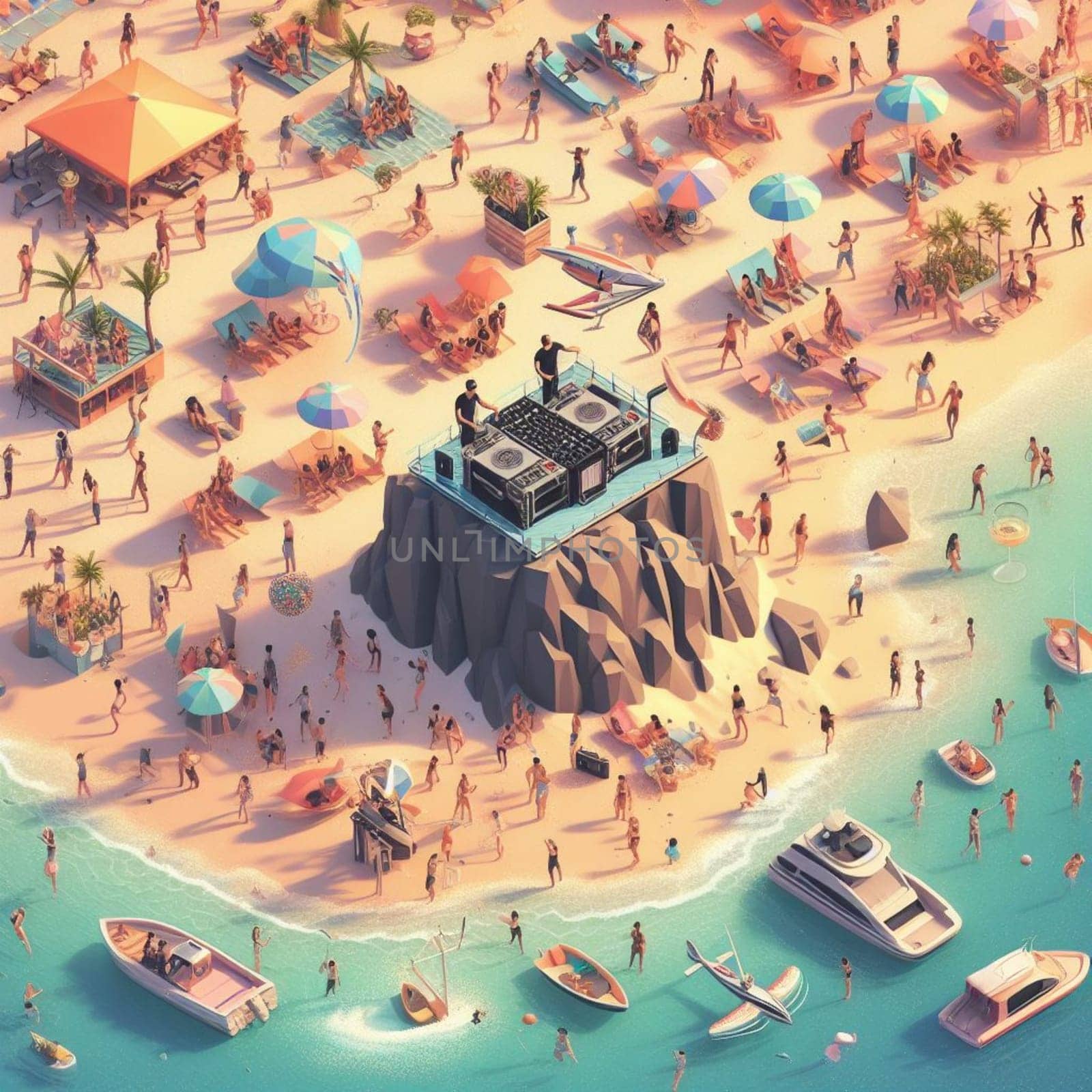 people having fun in the beach, isometric view, sea waves, 3d illustration by verbano