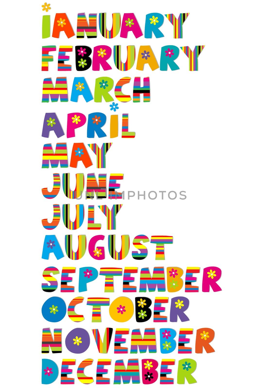 The months of the year written with colored letters