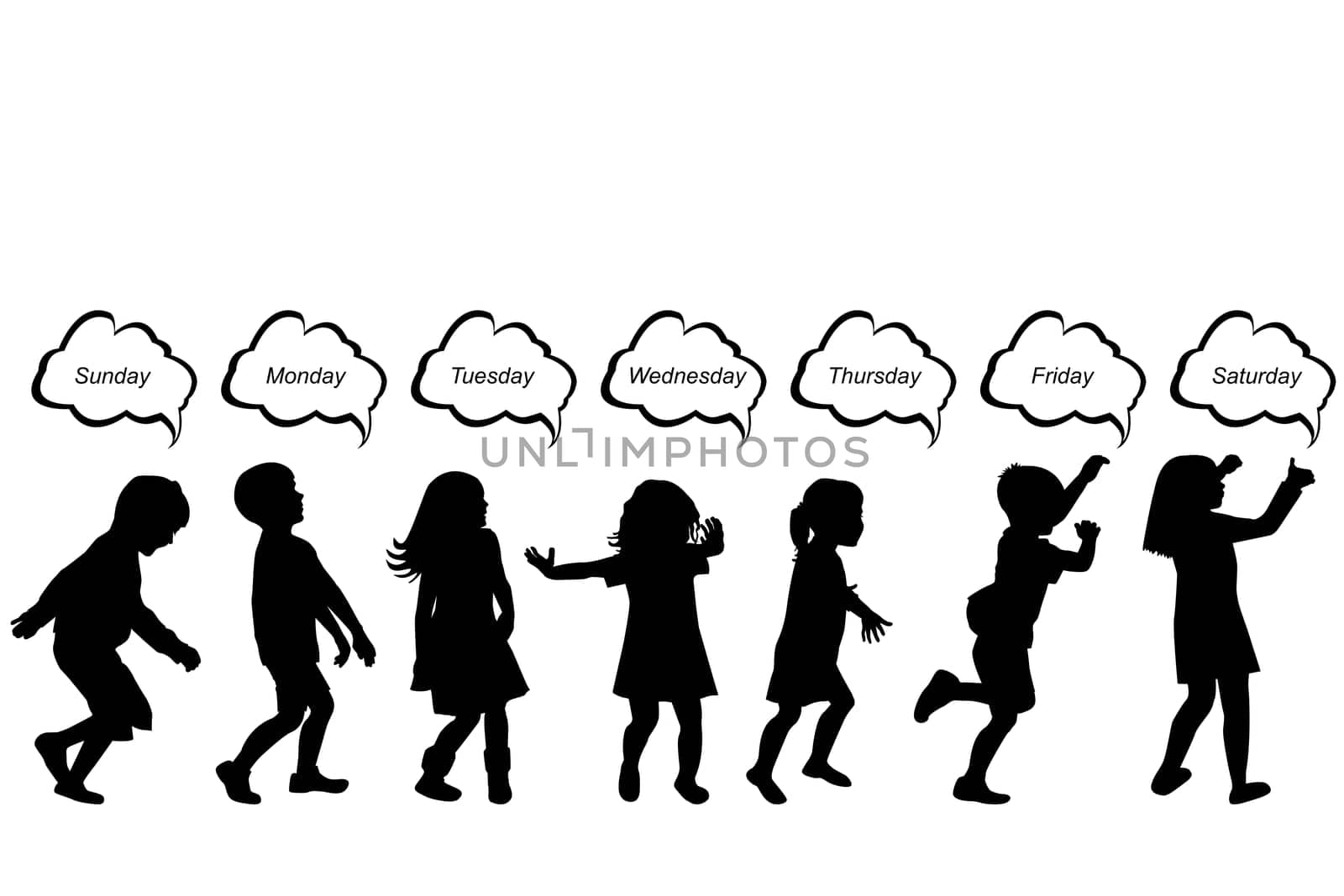 Silhouettes of kids with days of the week written in chat bubbles by hibrida13