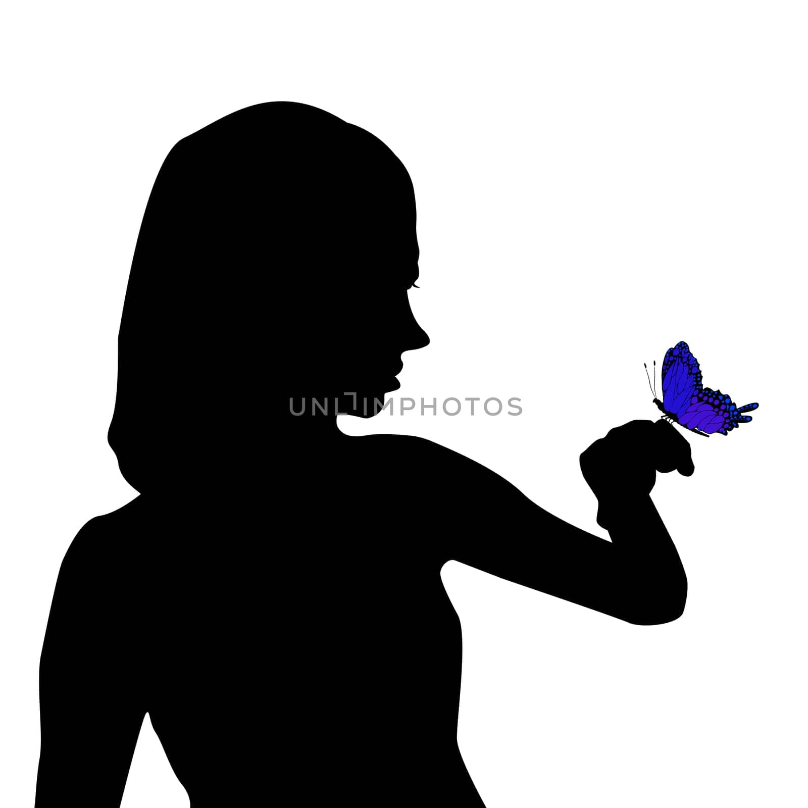 Silhouette of a girl with a butterfly on her hand