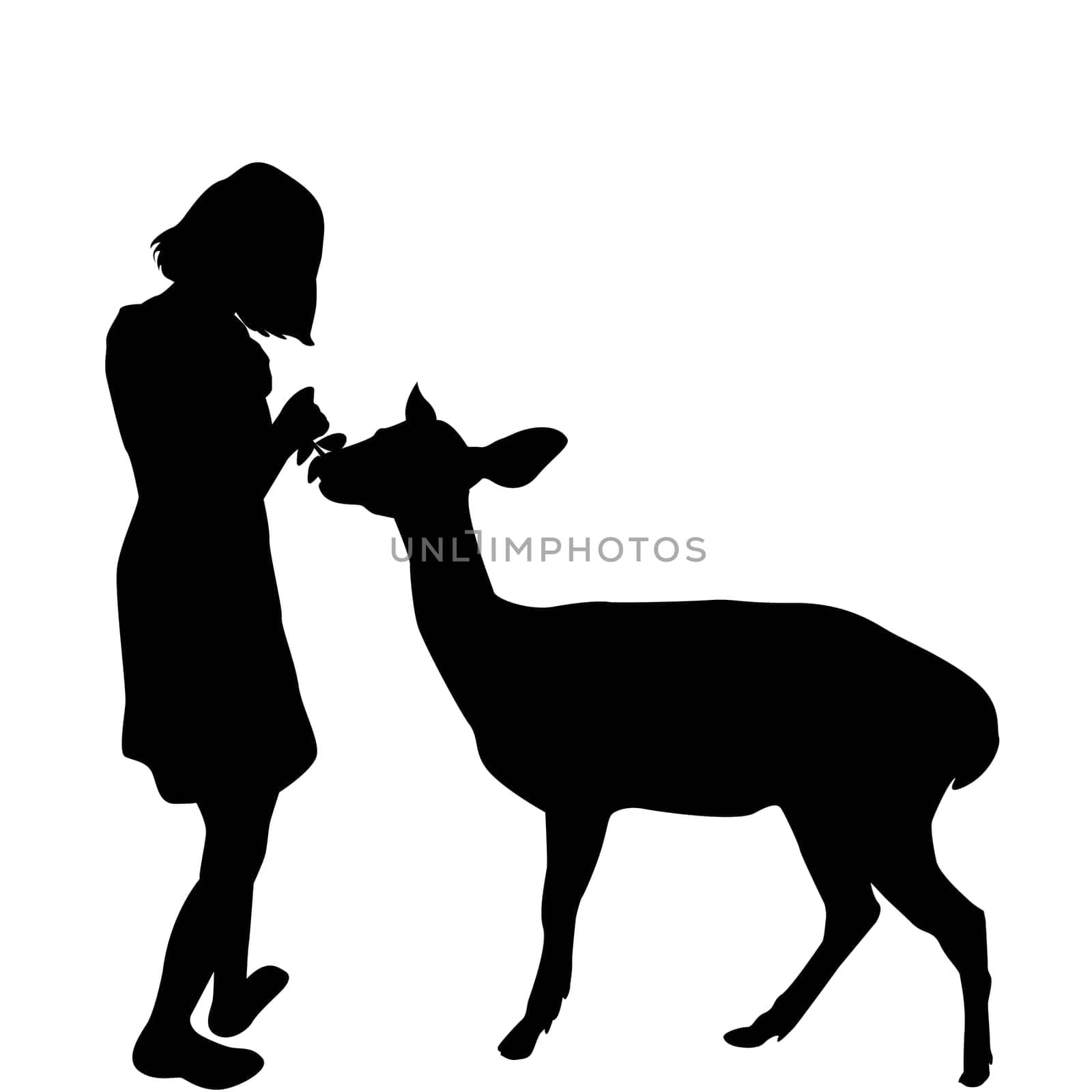 Silhouette of a girl feeding a deer