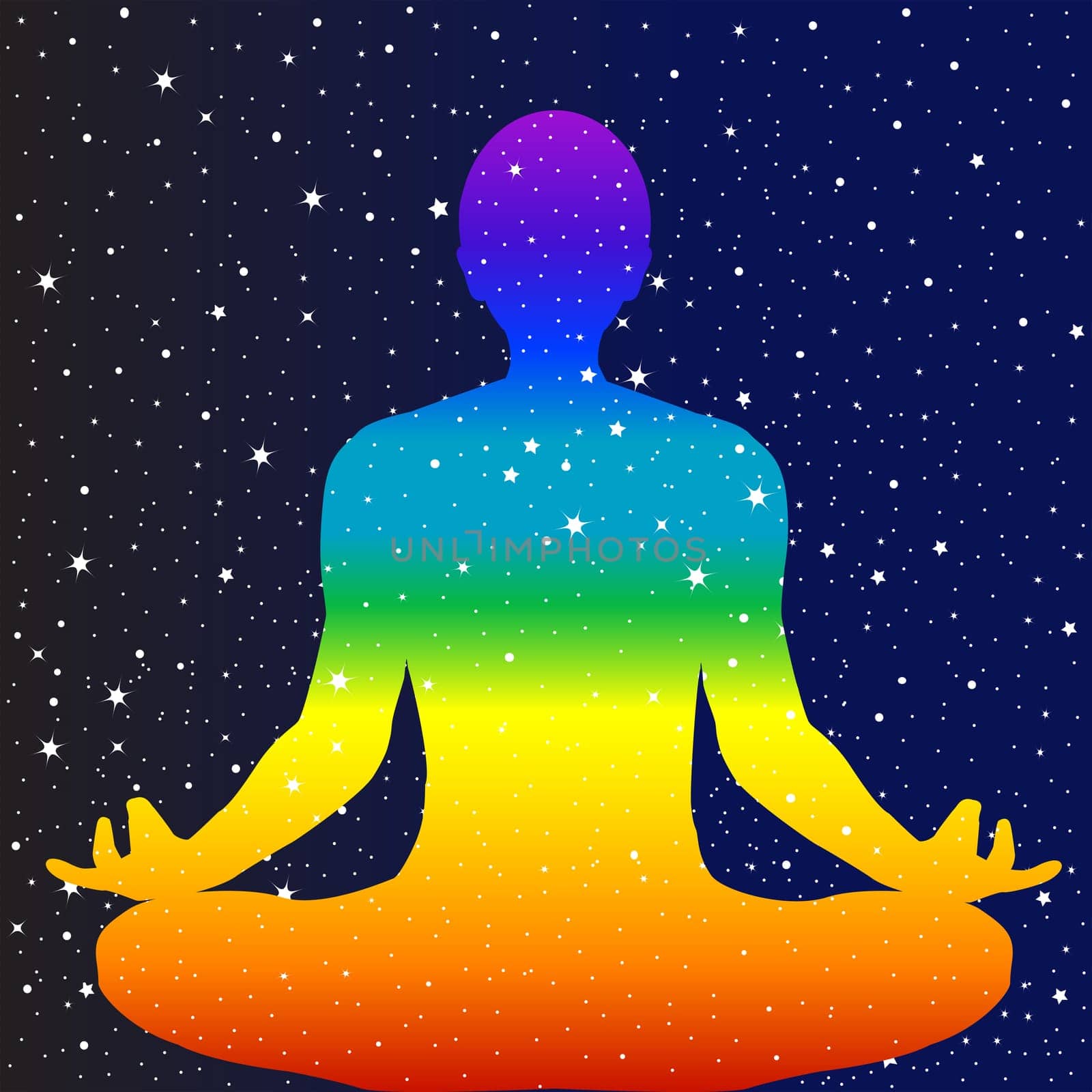 Meditating Chakra colors man sitting in lotus position against a starry dark blue  sky by hibrida13