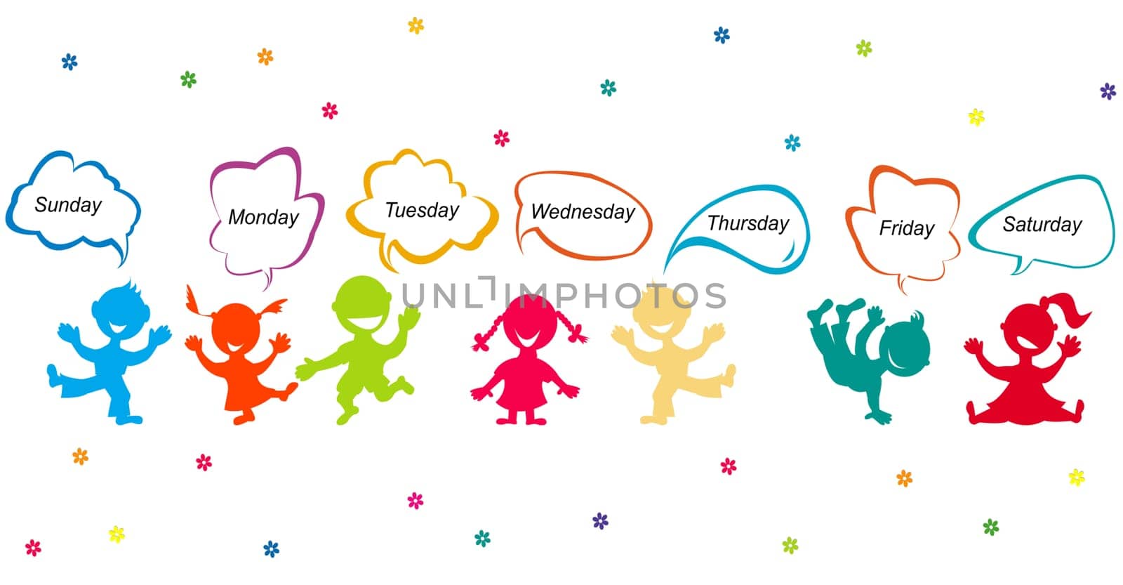 Colorful cartoon kids with days of the week written in chat bubbles
