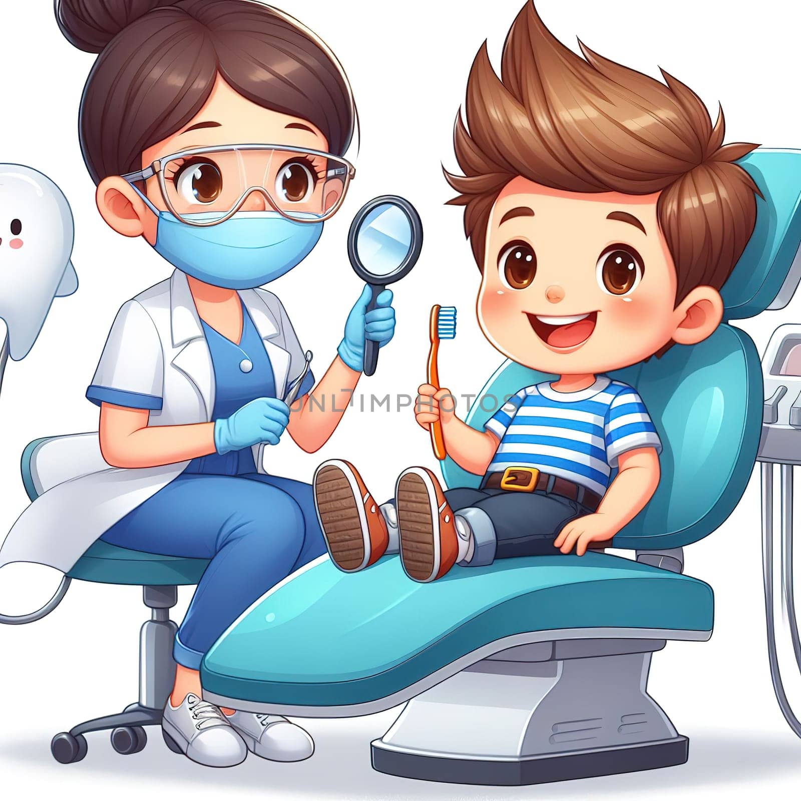 A small boy in a chair at a dentist's appointment. generative, AI. High quality photo