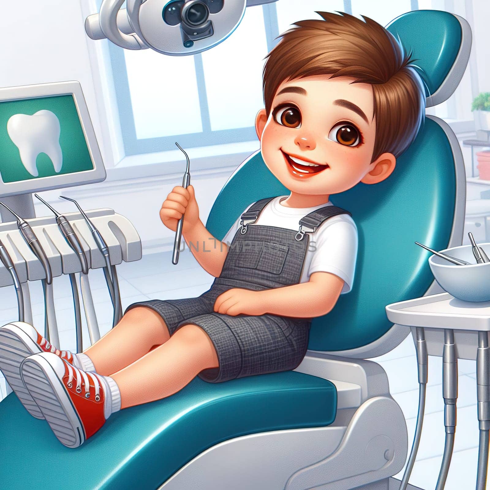 A small boy in a chair at a dentist's appointment. generative, AI by gordiza