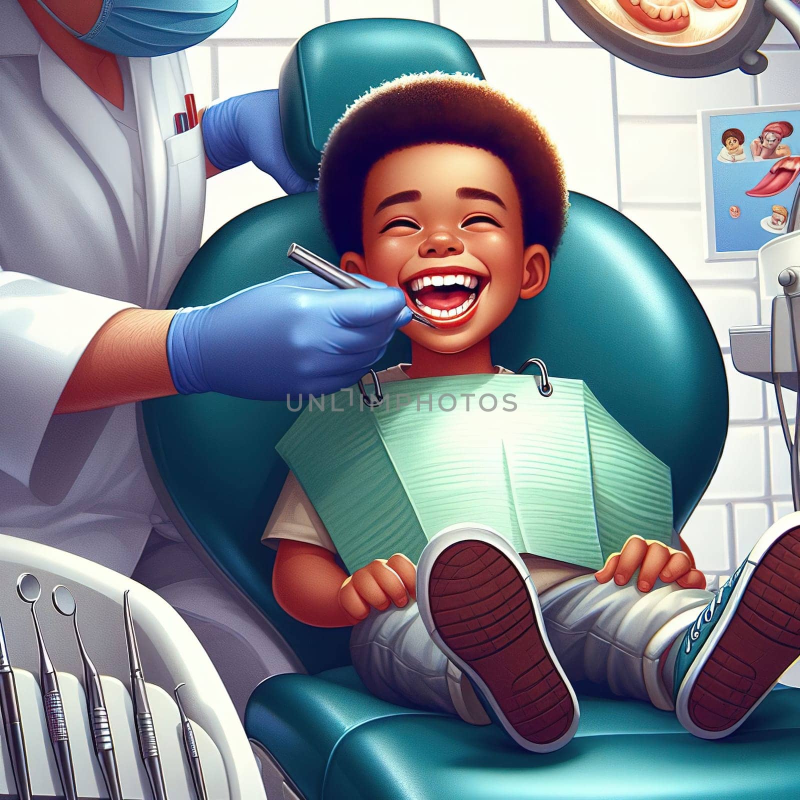 A small boy in a chair at a dentist's appointment. generative, AI by gordiza