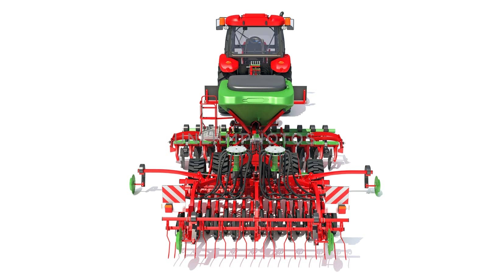 Tractor with Seed Drill farm equipment disc harrow 3D rendering on white background by 3DHorse