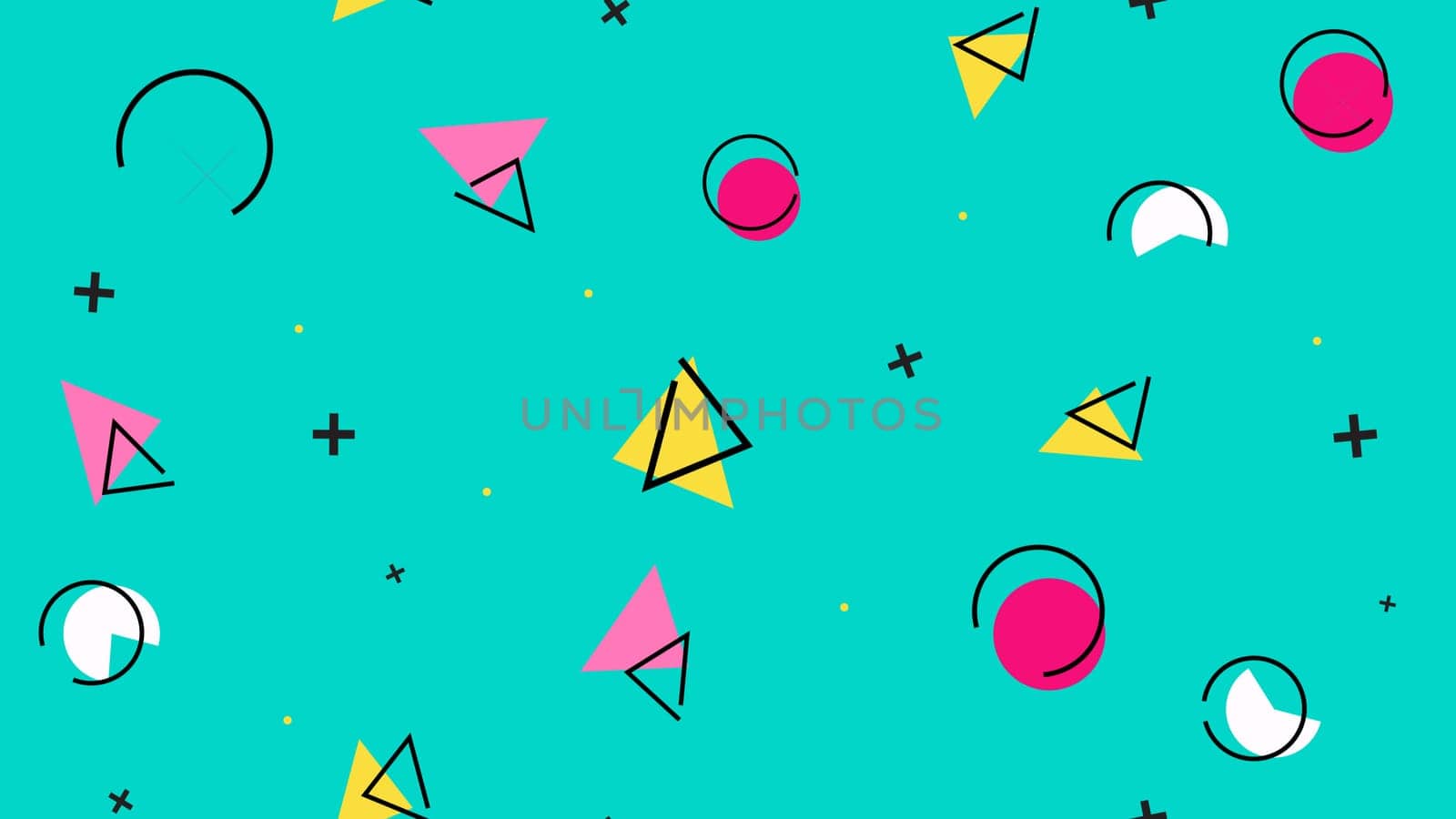 Geometric retro background pop art style with pink yellow shapes on green composition. 80s and 90s.