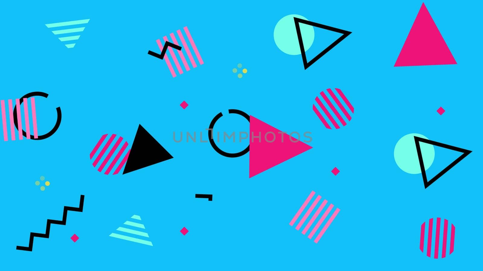 Geometric retro background pop art style with pink black shapes on blue composition. 80s and 90s.