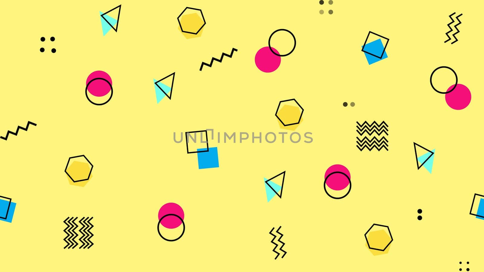 Geometric retro background pop art style with shapes on yellow composition. 80s and 90s.