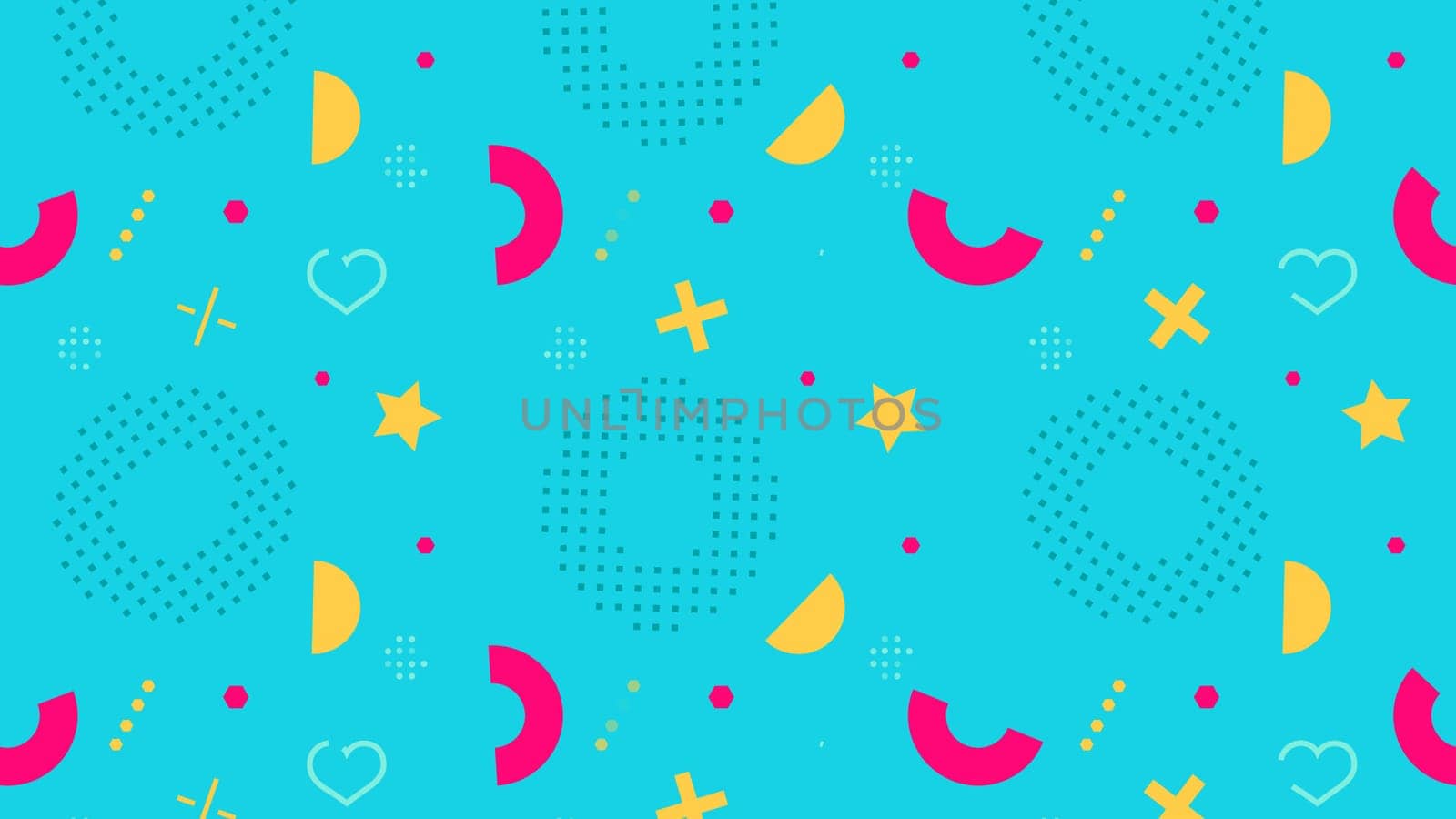 Abstract seamless pattern on cyan background. Pink yellow doodles or scribbles. High quality