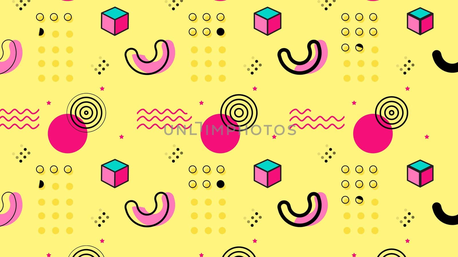 Geometric retro background pop art style with pink circle shapes on yellow composition. 80s and 90s.