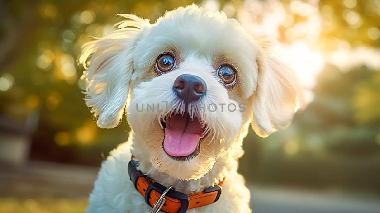 A cheerful white fluffy dog with a beaming smile and bright, shining eyes, exuding happiness and excitement, wearing an orange collar, with a sunlit natural backdrop by Edophoto