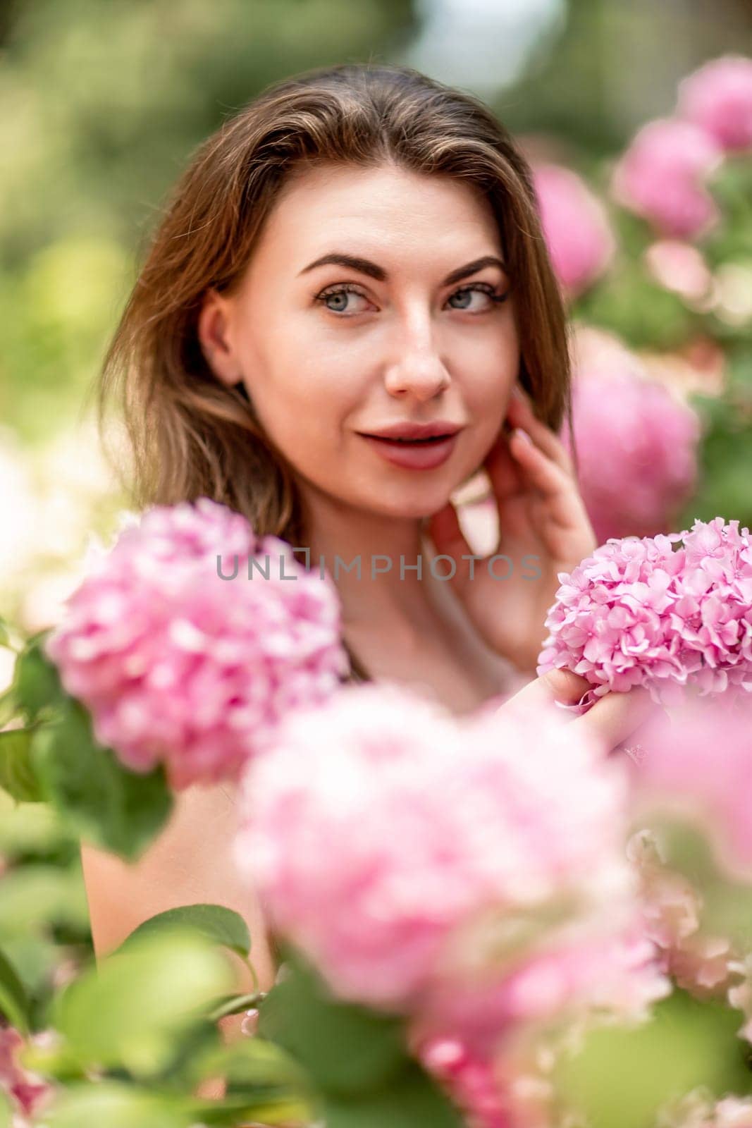 Hydrangeas Happy woman in pink dress amid hydrangeas. Large pink hydrangea caps surround woman. Sunny outdoor setting. Showcasing happy woman amid hydrangea bloom. by Matiunina