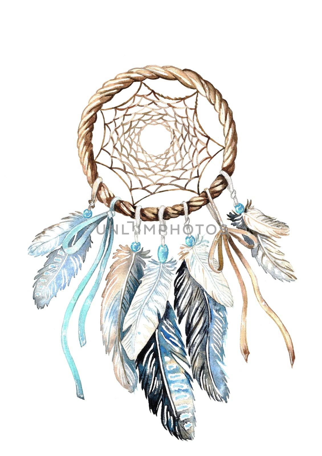 Beautiful fashion boho illustration with dreamcatcher feathers and beads by fireFLYart